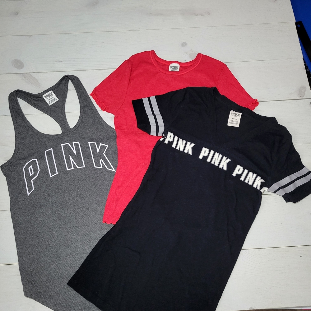 Victoria's Secret Pink Bundle Set Logo Tank and T-shirts Workout Loungewear.